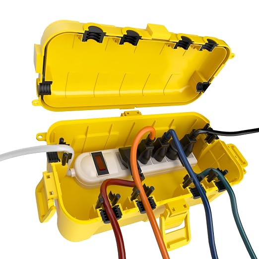 Flemoon Medium Outdoor Electrical Box (11.5x5.2x4 inch), IP54 Waterproof Extension Cord Cover w/6 Cable Entry Ports, Weatherproof Connection Box for Power Strip, Timer, Plug, Holiday Lights, Yellow