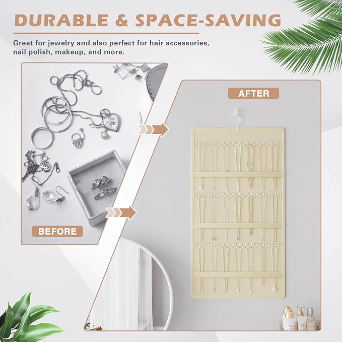 Hanging Jewelry Organizer, Double-Sided Necklaces Holder, Beige | 42 clear pockets organize rings & earrings; 36 wire necklace hooks reduce tangles; top hook hangs in closets, walls or doors.