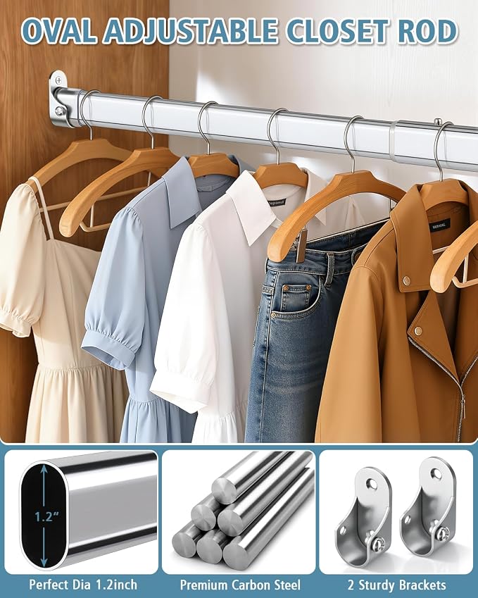 Heavy Duty Oval Closet Rod for Hanging Clothes, 17.8-31 Inch Adjustable Closet Rods, Premium Chrome