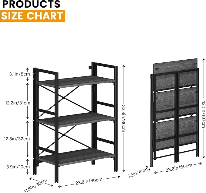 Homeiju Folding Bookshelf No Assembly, 3 Tier Bookcase Foldable Shelf with X-Bracket Design, Adjustable Feet, Space Saving Storage for Living Room, Office