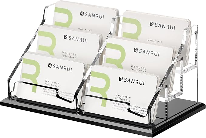 SANRUI Acrylic Business Card Holder, Black Business Cards Display Stand for Desk, Clear Horizontal 6 Slot Desktop Organizer , 360 Card Capacity