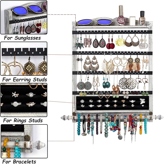 Wall Jewelry Organizer,3Pcs Hanging Jewelry Organizer,Wooden Jewelry Holder | Rustic Wall Mounted Jewelry Organizer and Storage,Wall Jewelry Hanger for Home Jewelry Storage Display