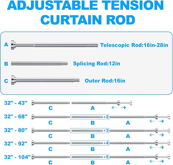 TEECK Shower Curtain Rod, 32-80 inch Adjustable Spring Tension Curtain Rod, Never Rust Anti-Slip Shower Curtain Rod for Bathroom, No Drilling, Never Collapse, Easy to Use, Silver