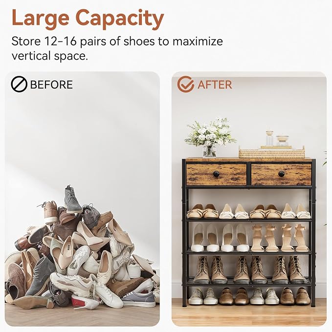Shoe Rack for Entryway, 4 Tier Shoe Organizer with 2 Non-woven Drawers, Metal Storage Shoe Shelf for 12-16 Pairs of Shoes, with Wooden Top and Steel Frame, Shoe Stand for Closet Rustic Brown