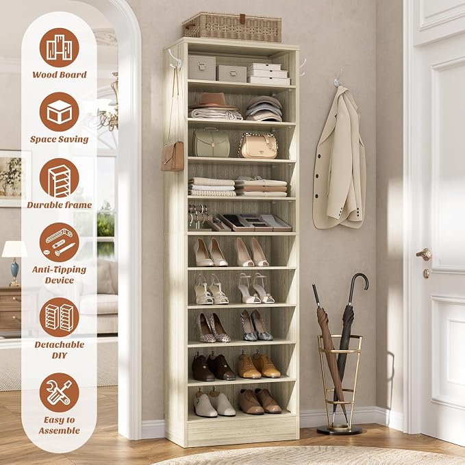 Aheaplus Tall Shoe Cabinet, 10 Tiers Narrow Wood Shoe Rack, Shoe Storage Organizer with Open Storage, Vertical Shoe Shelf Tower for 20-22 Pairs, Space Saving, for Closet, Entryway, Bedroom, 2White Oak