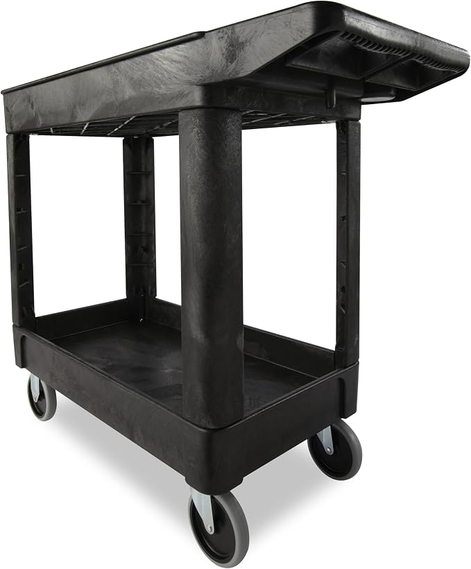 Rubbermaid Commercial Products 2-Shelf Utility/Service Cart, Small, Lipped Shelves, Storage Handle, 500 lbs. Capacity, for Warehouse/Garage/Cleaning/Manufacturing