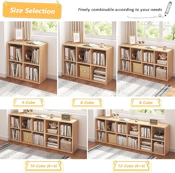 NELYE 8 Cube Organizer Bookcase Oak Open Shelf | Suitable for 11-inch Fabric Storage Bins, Simple Compartments Bookshelf, Holds 20 Lbs per Cube