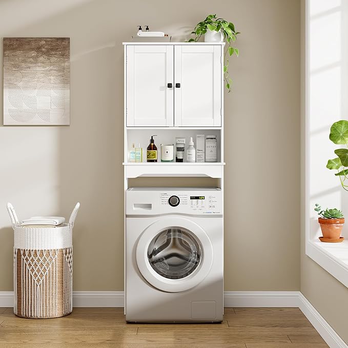 RRX Over The Toilet Storage Cabinet, Bathroom Above Organizer (Pure White) | Free Standing Toilet Rack with Adjustable Shelf and Open Storage, Double Doors, Space Saver, 24.8" L x 9.1 "W x 65.7 "H