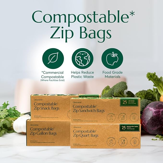 Cleanomic Compostable Zip Sandwich Bags - Leak Resistant, Gallon, Quart, Sandwich, Snack - 125 Count