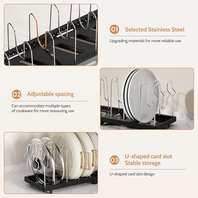 CEHNCEH Foldable Pots and Pans Organizer Under Cabinet 28.5" L x 9.1" W x 9.9" H Expanded, Folds Flat Adjustable 8-Tier Stainless Steel Dividers Kitchen Cabinet Cookware Baking Frying Rack (Black)