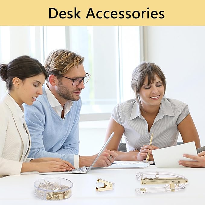 suniya Office Supplies,Desk Accessories,with Stapler,Tape Dispenser,Staple Remover,Scissor,Ballpoint Pen,Clear Tape,Staples,Binder,Best Gift Set(Gold)