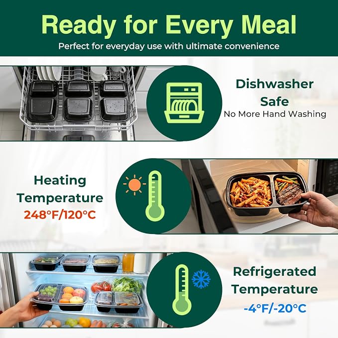 100 Pack (200-Piece)32 oz Meal Prep Containers,2-Compartment Reusable Food Storage Containers with Lids,Microwave Freezer Dishwasher Safe,Sturdy Leakproof&BPA Free Bento Box for To Go Take Out