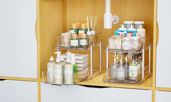 Yieach 2 Pack 2 Tier Under The Sink Organizer With Track,9.8 Inch Tall Bathroom Cabinet Organizer,Clear Under Sink Pull Out organizer for Kitchen,Vanity,Counter,Vanity,Medicine,Makeup,Hair Products