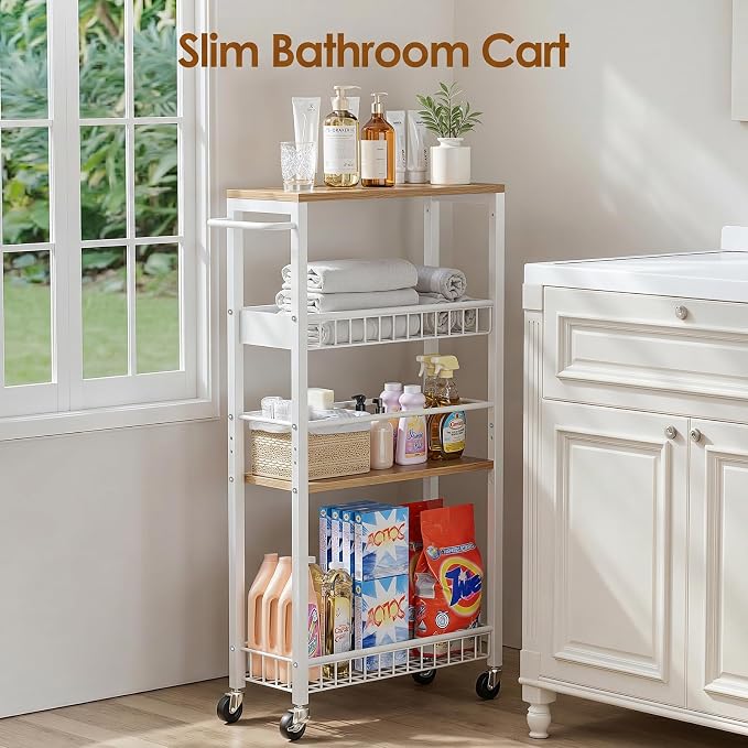 Slim Rolling Storage Cart, 4 Tier Narrow Storage Cart, 7.1in(W) | Metal Kitchen Rolling Cart for Small Spaces, Narrow Shelf for Kitchen, Laundry Room, Bathroom, Living Room