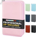 Sooez Zip-Enclosed Business Card Holder Organizer, Professional Credit Card Case Book for Women Men, 240 Capacity, Premium Vegan Leather Gift Card Organizer Storage, 7.87"×4.92"×1.57", Light Pink