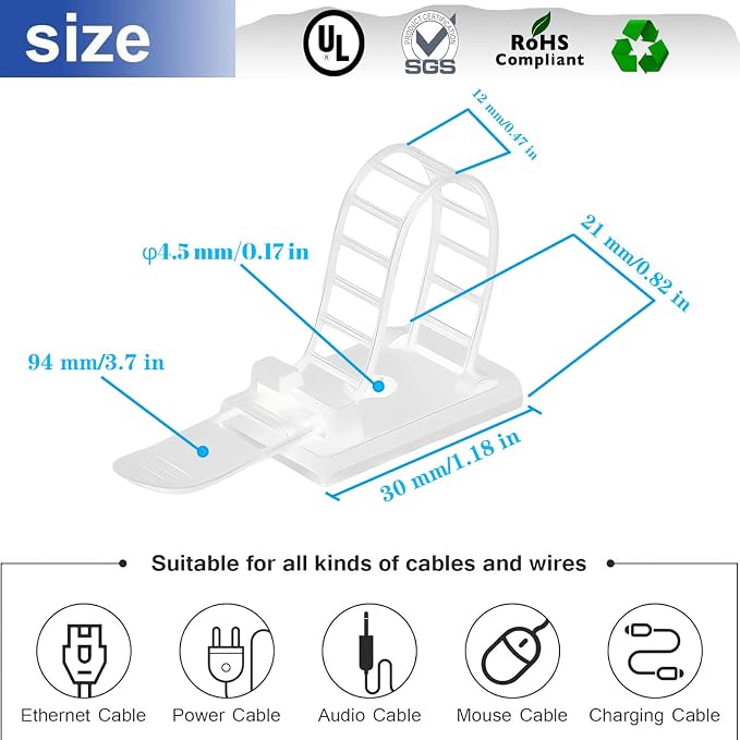 Cable Ties Cable Clips Wire Management Cord Clips Under,Desk Cable Management Reusable Zip Ties Wire Organizer Under Desk 100 packs (White)
