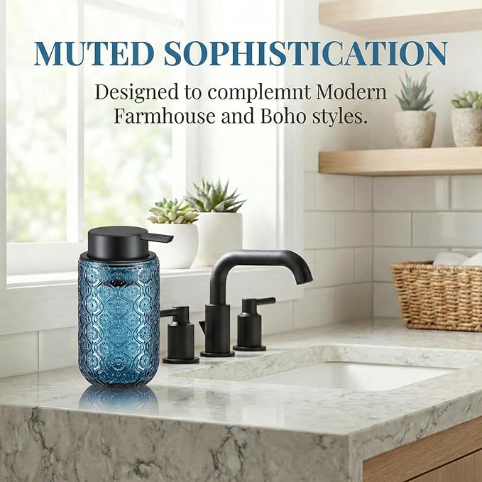 Blue Glass Liquid Hand Soap Dispenser with Matte Black Pump Thick Embossed Bottle Refillable for Bathroom and Kitchen Decor 13.5 oz