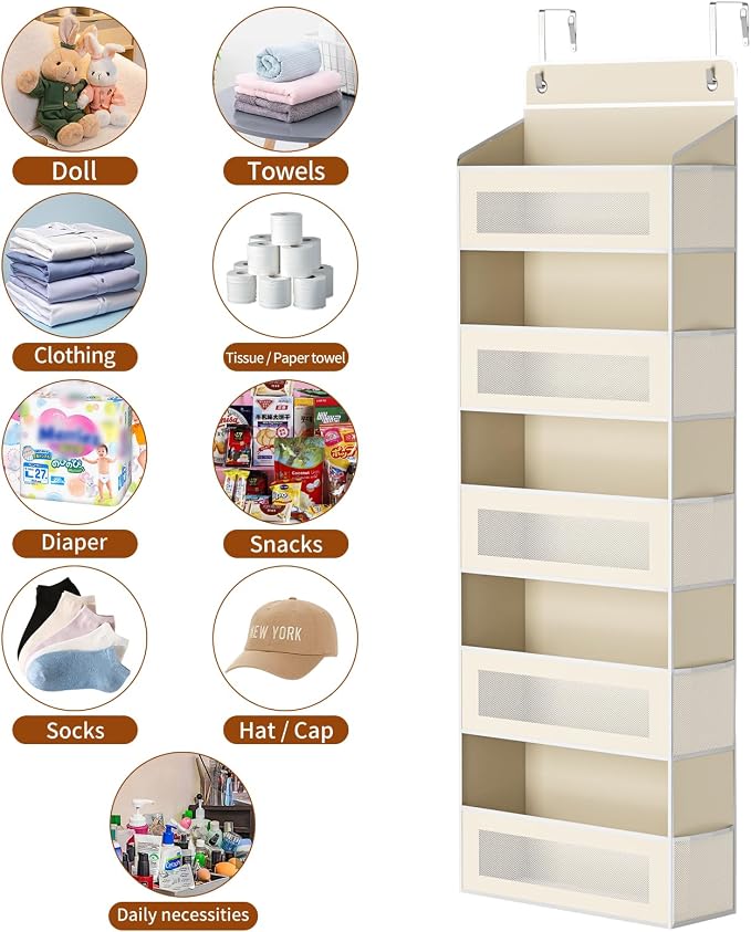 Over The Door Organizer with 5 Large Pockets, Over the Door Storage 10 Side Pocket 44 lb Load Behind Door Storage, Closet Door Organizer Hanging Shelf for Wall Bathroom Bedroom Nursery, 5-Tier Beige