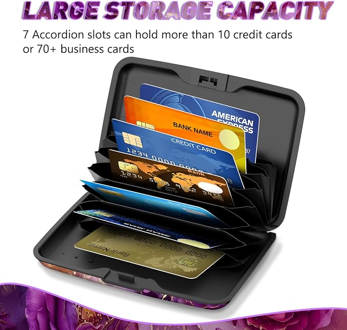 Credit Card Holder, Business Card Case Mini RFID Small Aluminum Card Wallet | Blocking Slim Metal RFID Blocking Front Pocket Wallet Hard Case Durable CC Holder for Women Girl, Purple Marble Flower