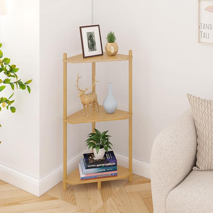 Wisuce Natural Small Corner Shelf Stand, 3-Tier Bamboo Corner Bookshelf | Space-Saving Narrow Corner Shelf | Bathroom Corner Shelf | Shelves for Bedroom, Living Room, Kitchen & Plant Display