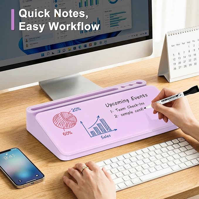 Small Desktop Glass Whiteboard with Storage, Desk White Board Stand Purple | Computer Keyboard Stand, Office Desk Organizers and Accessories with Drawer, To Do Memo Notepad, Home School Supplies