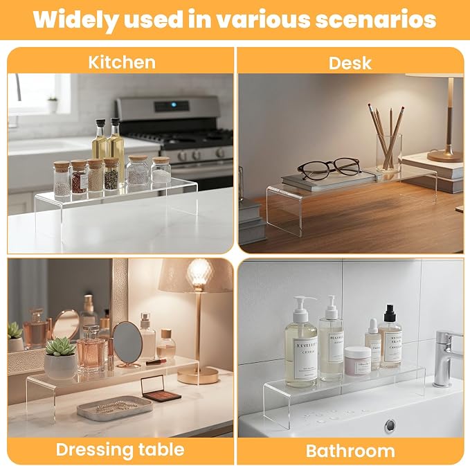 4 Pack Acrylic Risers Display Stands, Acrylic Shelf Riser Display Risers, Spice Rack for Dishes, Spices, Soda Cans and Bottles（12.4 x 4 x 4.6 inch）