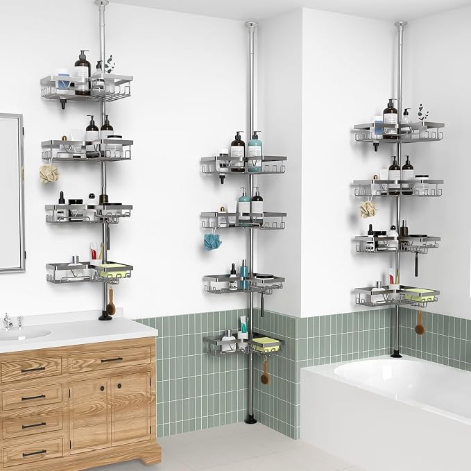 KEGII Corner Shower Caddy Tension Pole with Soap Dish & Razor Holder, Adjustable Bathroom Organizer with Hooks, 25-114.2 Inch Rustproof Storage Shelf for Renters & Apartments, Gunmetal Gray