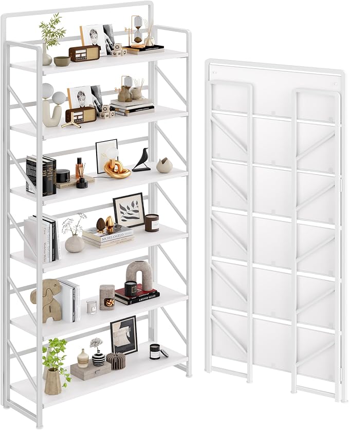 JSB 6 Tier No Assembly Folding Bookshelf, 30.3" Wide Foldable Storage Bookcase for Home Office, Space-Saving Storage Shelf for Living Room (All White)