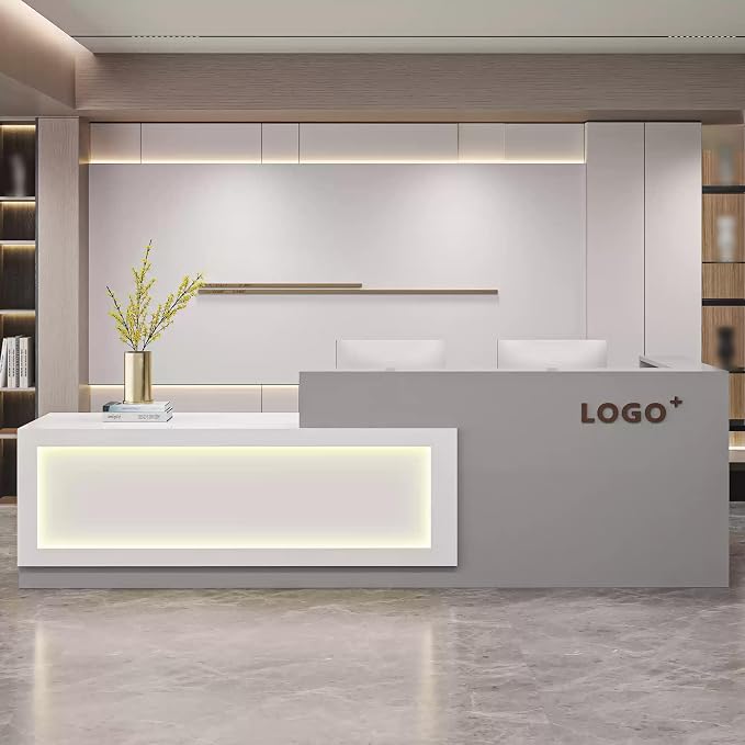 Modern Reception Desk with Counter, Front Desk Reception Counter with Lockable Drawer, Keyboard Tray & Storage Cabinet, Solid Wood Receptionist Table for Salon Office Lobby (G - Left, L 2.6m/102in)