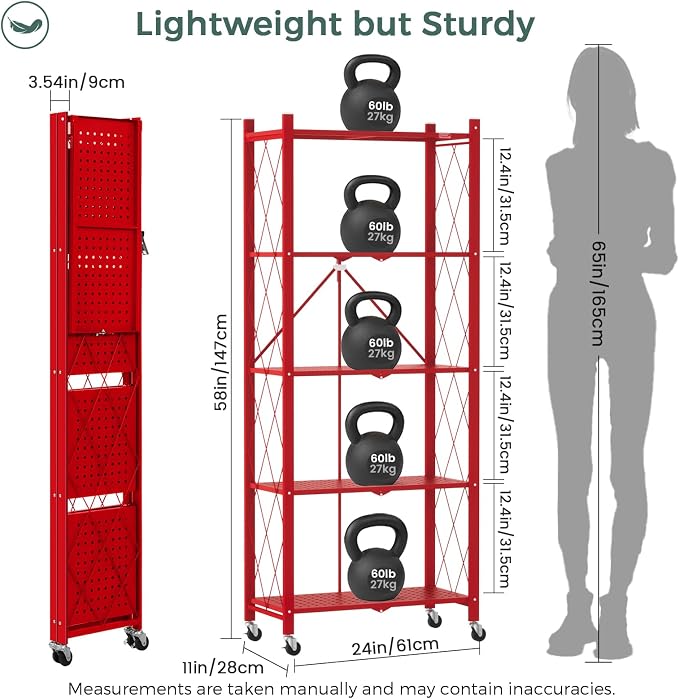 DEANIC 5-Shelf Folding Bookcase with Wheels, Heavy Duty Storage Shelves, Freestanding Metal Wire Shelving Unit for Living Room, Office, Kitchen, Basement, Pantry(Red)