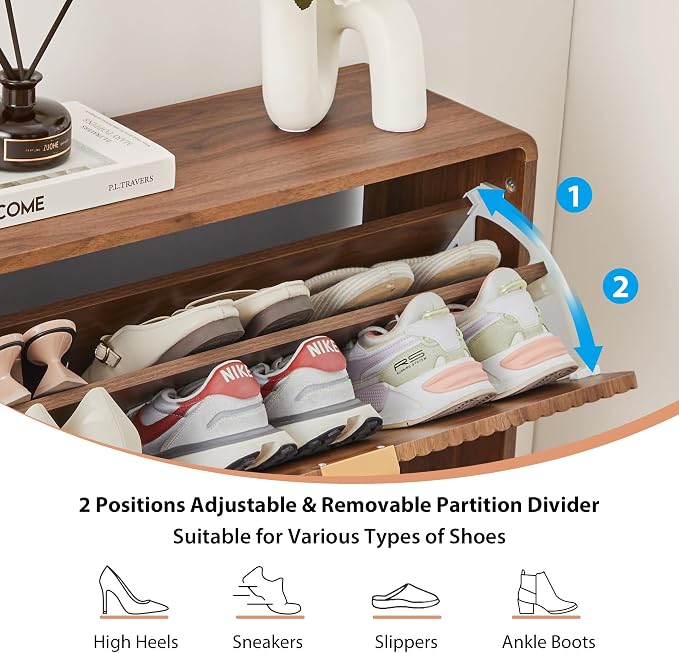 RARZOE Fluted Shoe Cabinet for Entryway, 27.5''Walnut | Narrow Curved Shoe Storage Cabinet with 2 Flip Drawers, Slim Shoe Rack Organizer for Foyer, Hallway, Fits Size 11 Shoes