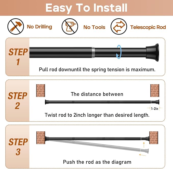 1 Pack Spring Tension Curtain Rods 24-46 Inches, Spring Loaded Curtain Rods No Drilling, Adjustable Expandable Tension Rod for Window Doorway Kitchen Curtain Bedroom Closet, Black