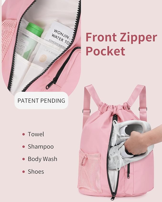 WANDF Drawstring Backpack with Shoe Compartment, Sports Gym Bag | Multi-Pocket Storage, Water-Resistant Fabric, Cinch String Bag