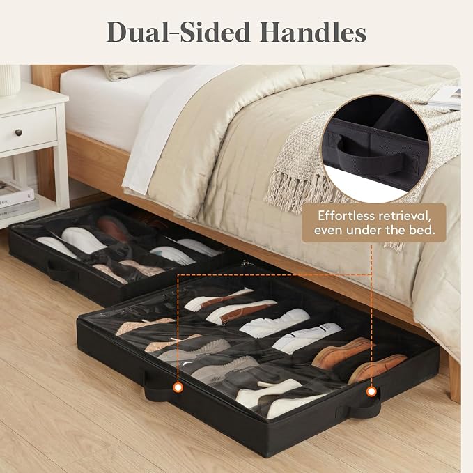 Lifewit 2-Pack Under Bed Shoe Storage Box, 4.3 Inch Slim Low Profile Fabric Organizer Holds 24 Pairs with Clear Cover, 29.3 x 23.6 x 3.9 in, Black