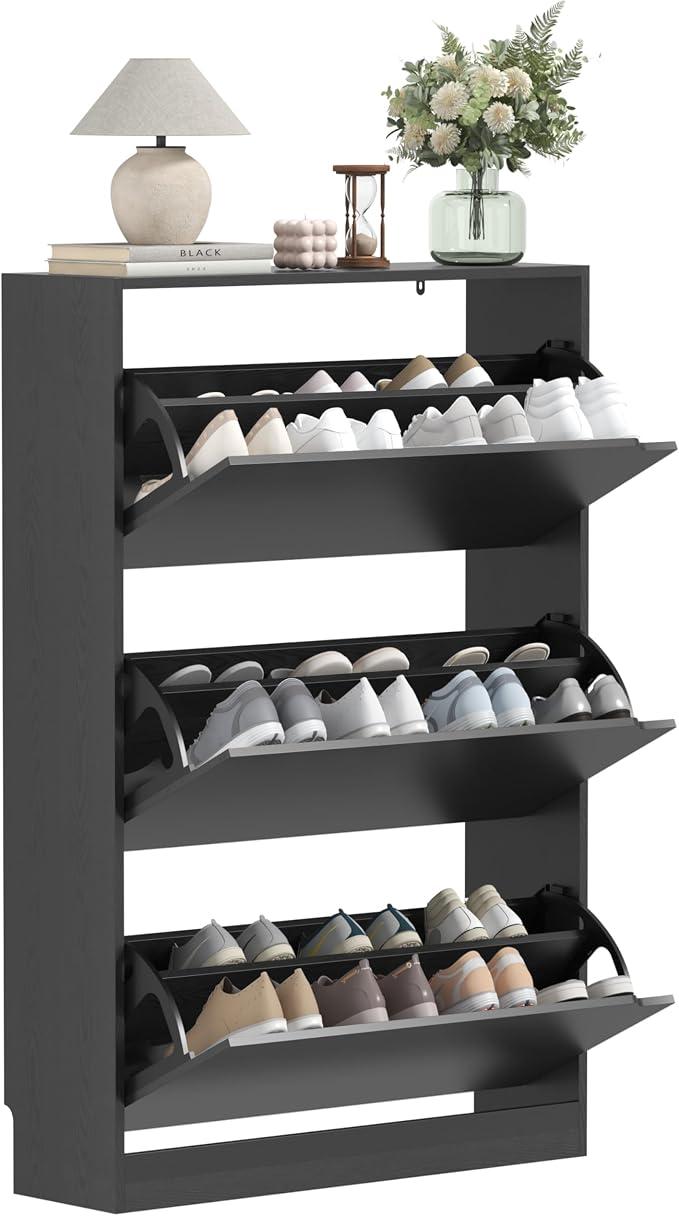 Wodeer Narrow Shoe Cabinet for Entryway, Slim Shoe Storage Cabinet with 3 Flip Drawers, Hidden Wood Shoe Cabinet Storage, Freestanding Shoe Rack Organizer Foyer, Hallway, Black