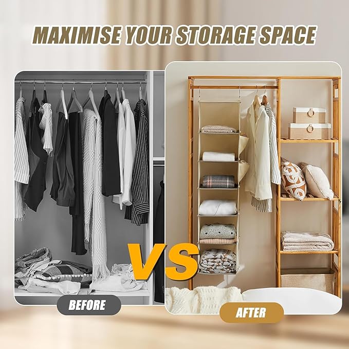 2 Pack 6-Shelf Hanging Closet Storage,Strong Frame Beige Closet Organizer with Side Pockets for Clothes and Accessories, Closet Organizers and Storage Solution, Send Goods from Local Warehouse