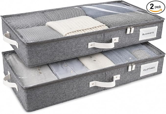 HOMELUX THEORY 2pc Low Profile Under Bed Storage Containers, Thin Under Couch Storage Organizer with Bins & Lids, Underbed Storage Box Ideal for Seasonal Clothes, Blankets, Fabric & Shoes (LightGray)