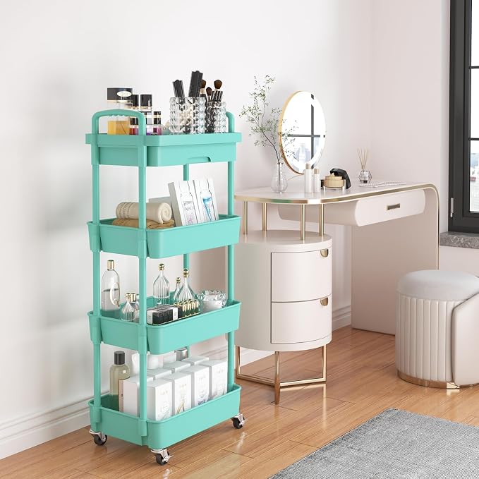 Calmootey 4-Tier Rolling Utility Cart with Drawer,Multifunctional Storage Organizer with Plastic Shelf & Metal Wheel,Storage Cart for Kitchen,Bathroom,Living Room,Office,Green | Space-Saving Organizer, Sturdy Plastic Shelves, Smooth-Rolling Metal Wheel...