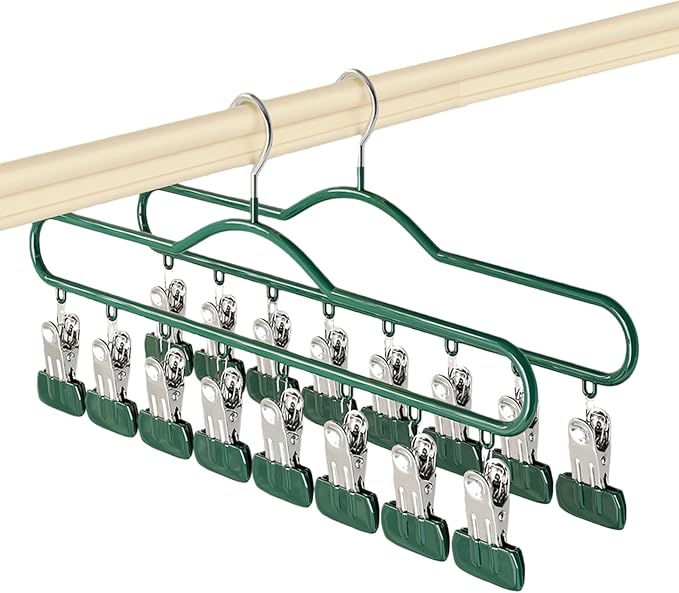 ANIS・KEBBR 16 Clips Windproof Pants Hanger Green Space Saver Closet Organizer for Leggings Scarves Underwear