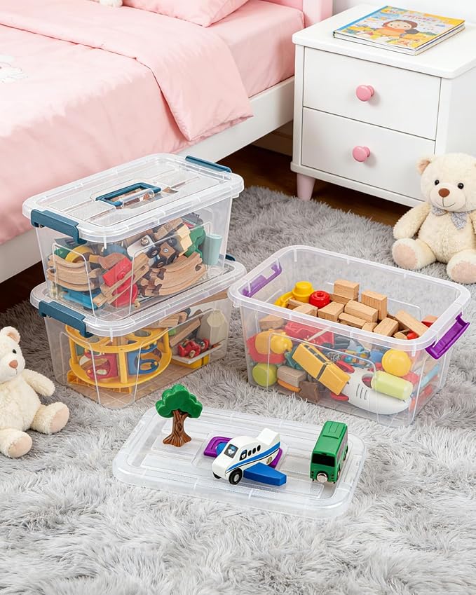 EOENVIVS 6 Pack Clear storage bins with lids, 7 Qt storage containers with lids with Color Buckles, Stackable storage box Set for organizers and storage, Closet, Pantry, Shelves & shoe boxes