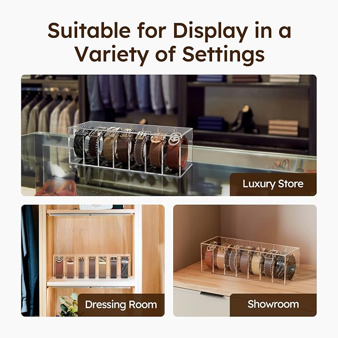 FEMELI Belt Organizer, Acrylic Belt Storage for Closet with Dust Cover, 7 Compartments Belt Container Display Holder for Drawer, Clear Belt Tie Case for Women Men Home | Acrylic Clear Shelf Belts Holders for Closet& Drawer Womens Men Belts Tie Jewelry ...