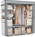 VTRIN Portable Closet Wardrobe for Hanging Clothes 57.3 Inch Large Capacity Clothes Rack with Cover, 10 Storage Organizer Shelves, 1 Hanging Rods and 6 Pockets, Free Standing Closet for Bedroom, Grey