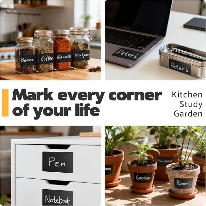 JIEHENG 180Pcs Chalkboard Labels for Jars, Waterproof Reusable Blackboard Stickers with 1 Liquid Chalk Markers, Kitchen Organization Labels Removable (Black, Rectangle)