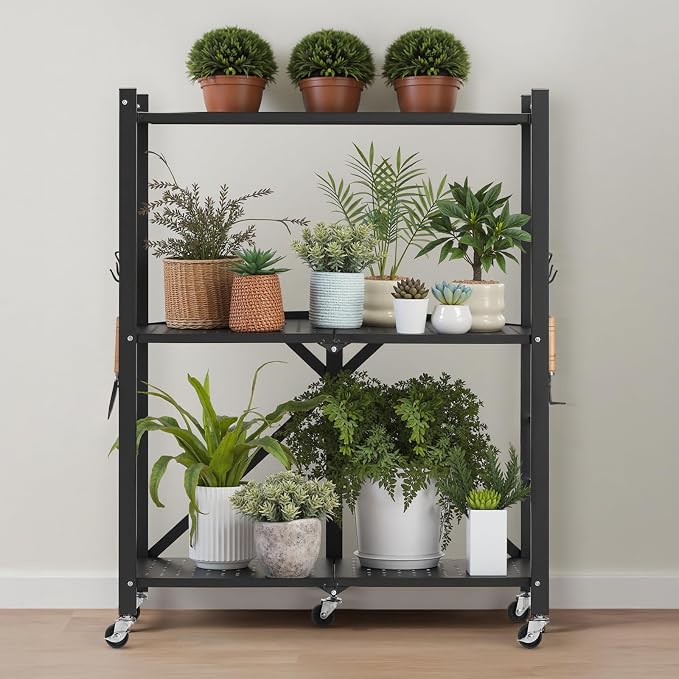 VEVOR 3-Tier Foldable Storage Shelf, 28W x 13D x 36H Inch Folding Metal Rack Shelving Unit, No Assembly Organizer Shelf with 5 Wheels & 4 Hooks for Pantry, Kitchen, Garage, Basement, Black
