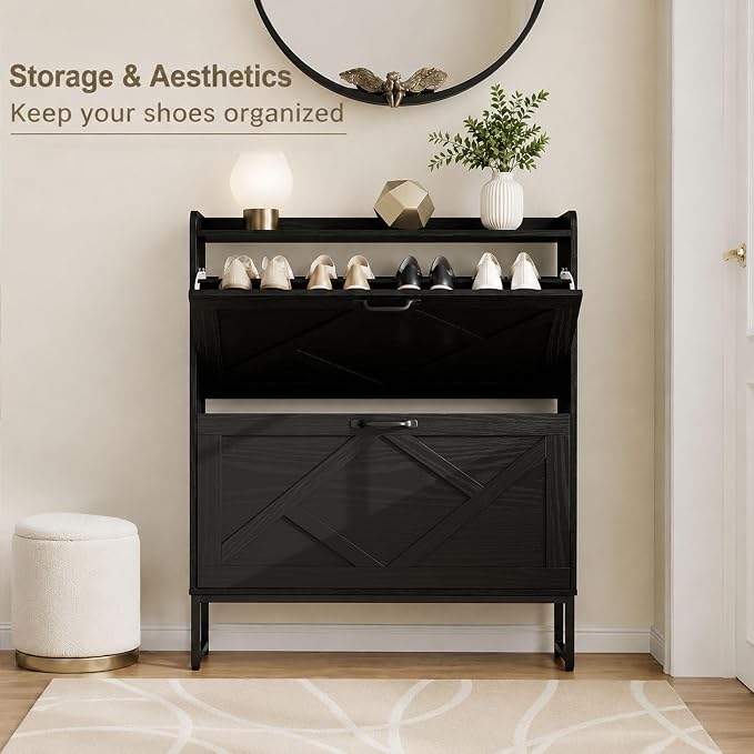 Nicetree Shoe Cabinet Storage for Entryway, Slim Shoe Storage Cabient with 2 Flip Drawers, Narrow Vertical Shoe Rack Cabinet with Metal Hooks, Small Space Solution for Hallway, Black