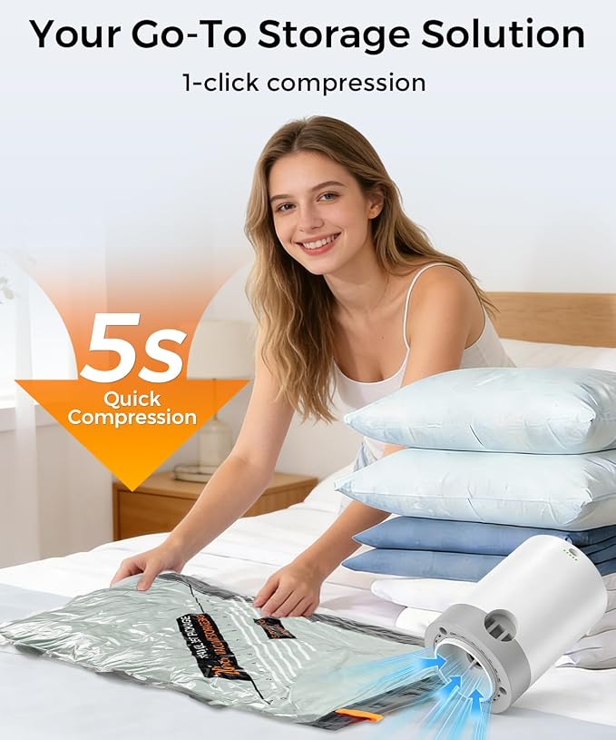 Vacuum Storage Bags with Rechargeable Electric Air Pump, 15 Pack Airtight Compression Packing Bags Space Saver for Clothes, Travel, Clothing, Luggage, Suitcase, (3 Large/6 Medium/6 Small)