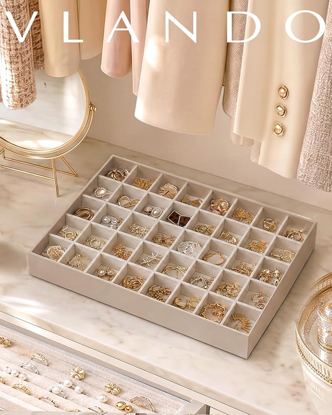 VLANDO Stackable Jewelry Tray, Drawer Organizer, 40-Grid Display,Toffee | 40 Compartments, Soft Velvet Lining, Drawer Organizer, Easy Sorting for Rings, Studs, Charms, Gift for Women Girl