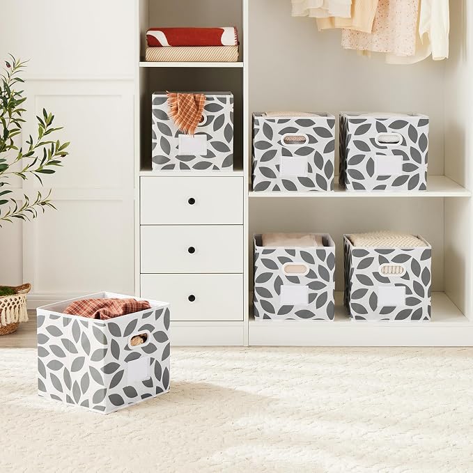 MAX Houser Fabric Storage Bins Cubes Baskets Containers with Dual Plastic Handles for Home Closet Bedroom Drawers Organizers, Flodable, Grey, Set of 4