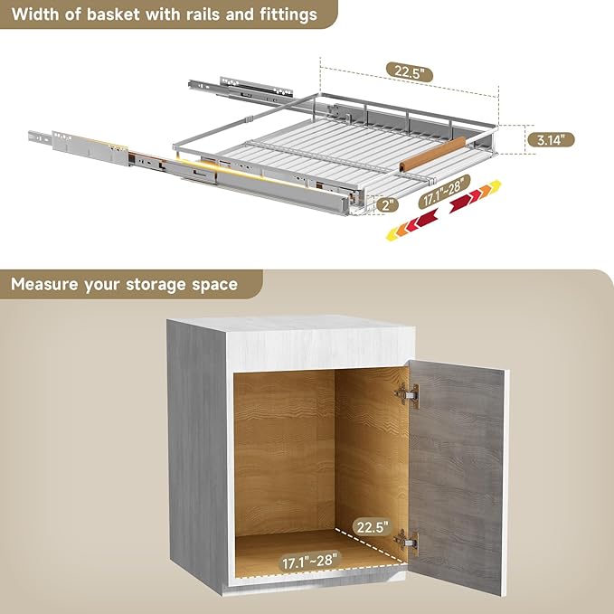 1 Pack Expandable Pull Out Cabinet Organizer，Side Mounting 17.1~28"x22.5"Cabinet Pull Out Shelves, Expandable Slide Out Spice Rack for Cabinet for Kitchen Bathroom Office