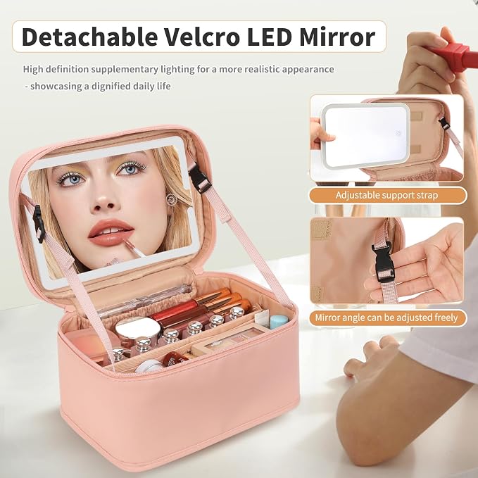 Makeup Bag With LED Mirror, Lightweight Travel Makeup Bag With 3 Color Setting Light Up Mirror Cosmetic Makeup Organizer Vanity Case for Women Beauty Tools Accessories Rechargeable Train Case-Pink